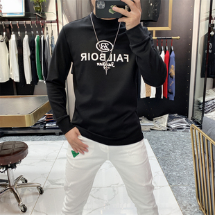 男士打底衫2024秋冬新款欧货字母印花修身弹力加绒半高领长袖T恤