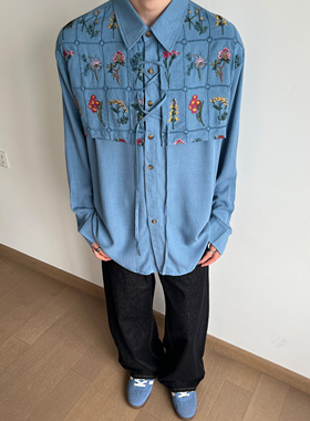 UNLG复古花卉刺绣新中式衬衫长袖男秋季宽松休闲氛围感领带衬衣潮