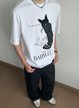 UNLG美式毛巾贴布刺绣猫咪短袖t恤男夏季宽松休闲高级感小众上衣