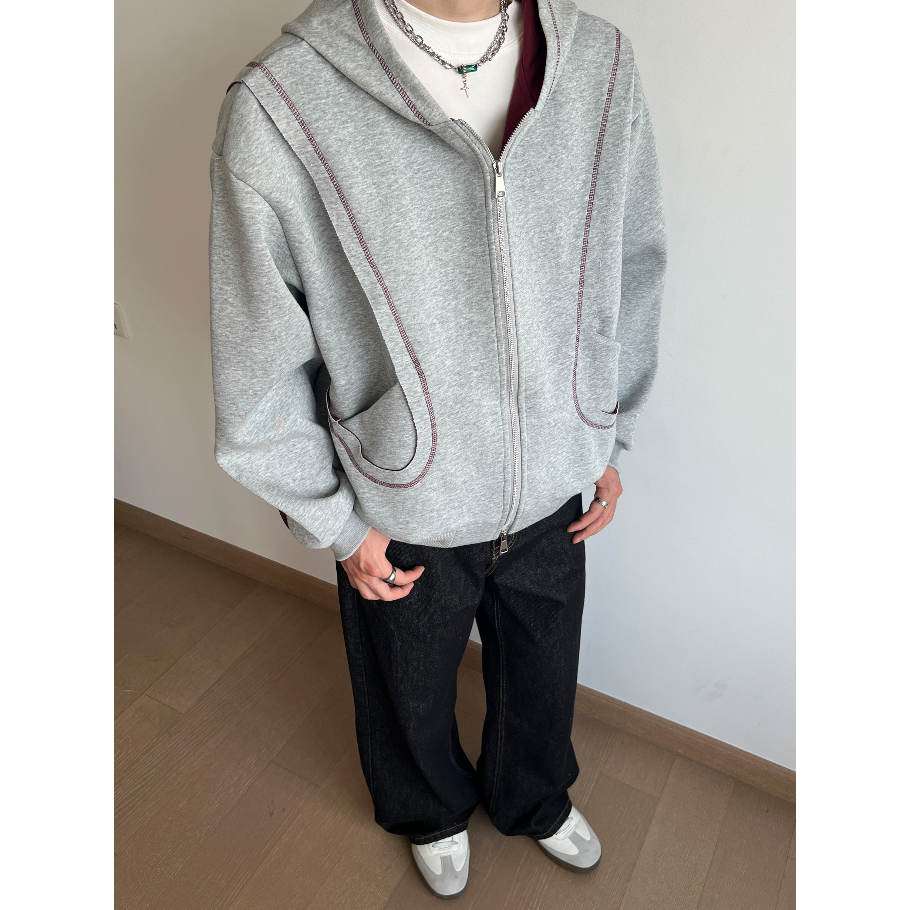 美式复古连帽灰色卫衣外套男