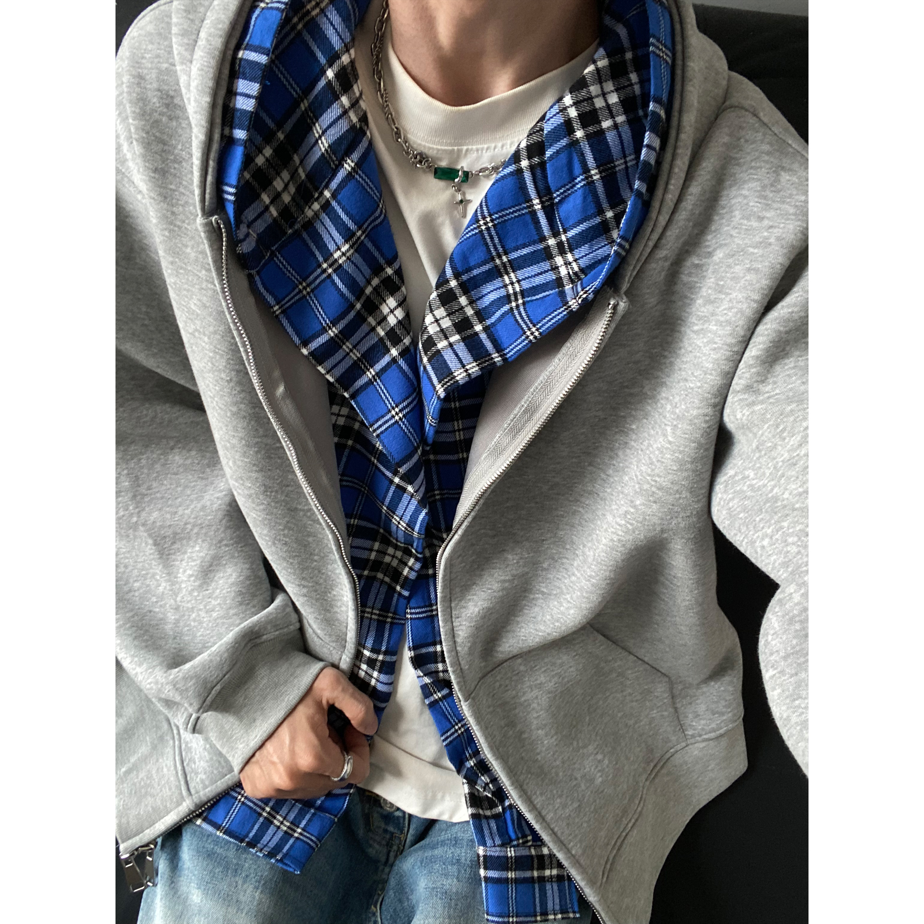 UNLG假两件连帽灰色卫衣外套男