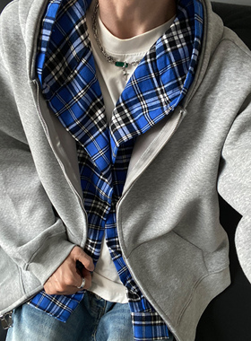 UNLG假两件连帽灰色卫衣外套男秋冬设计感叠穿宽松简约高级感夹克