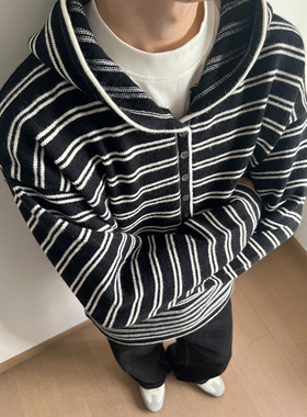 UNLG美式复古黑白条纹连帽毛衣男秋冬季宽松休闲慵懒氛围感针织衫