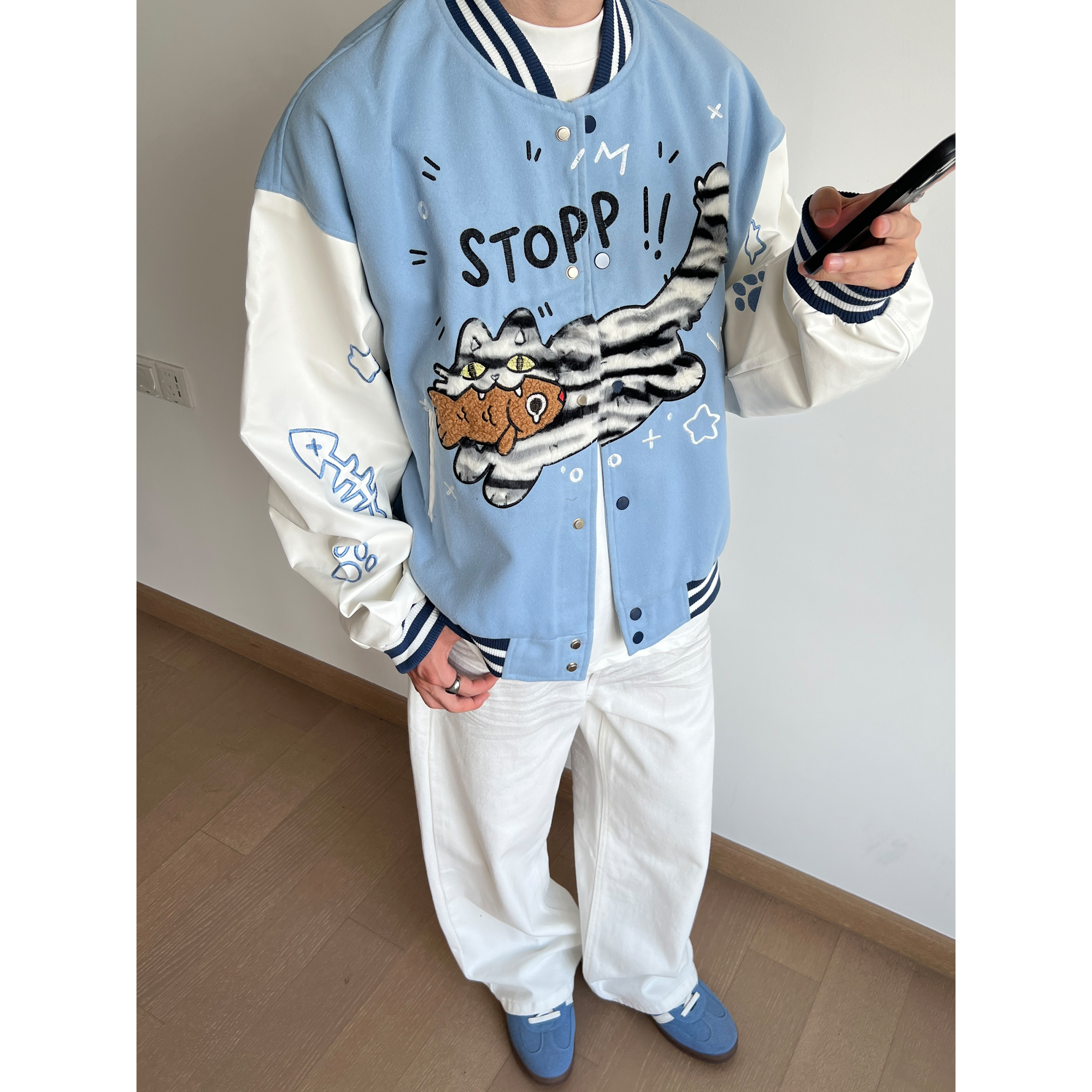 美式猫咪刺绣棒球服外套男