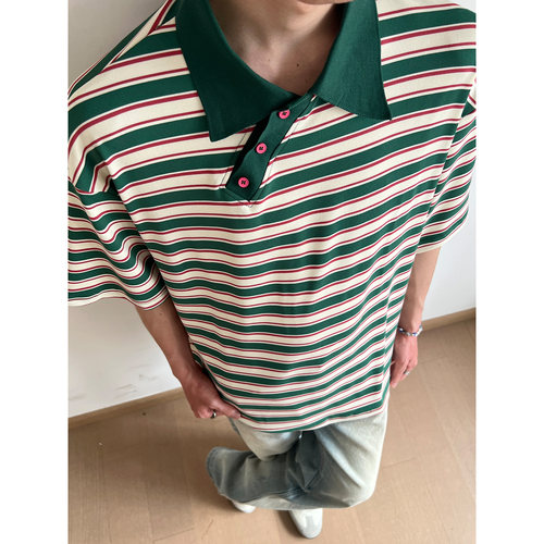 美式复古条纹Polo领短袖T恤男