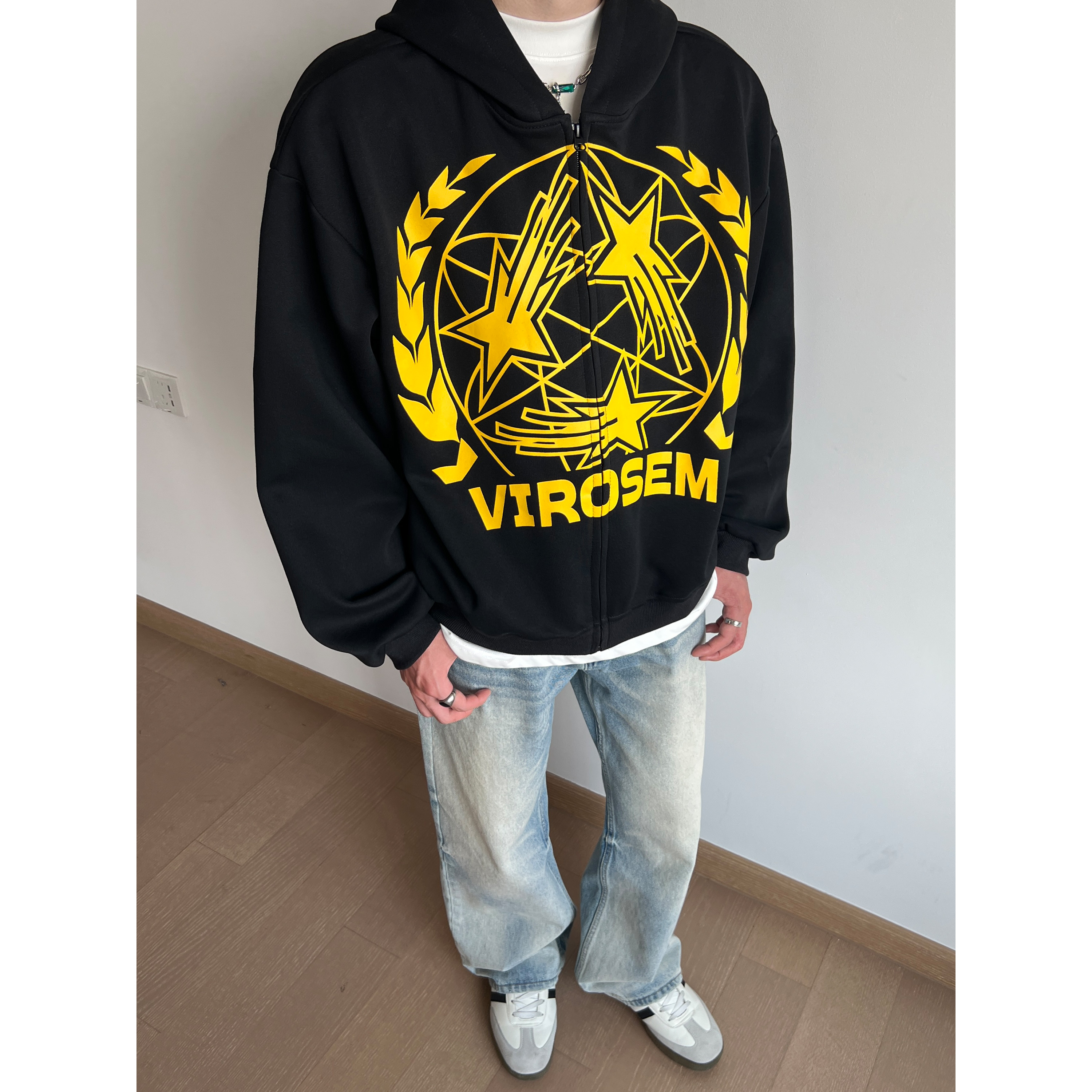 美式复古印花连帽卫衣外套男