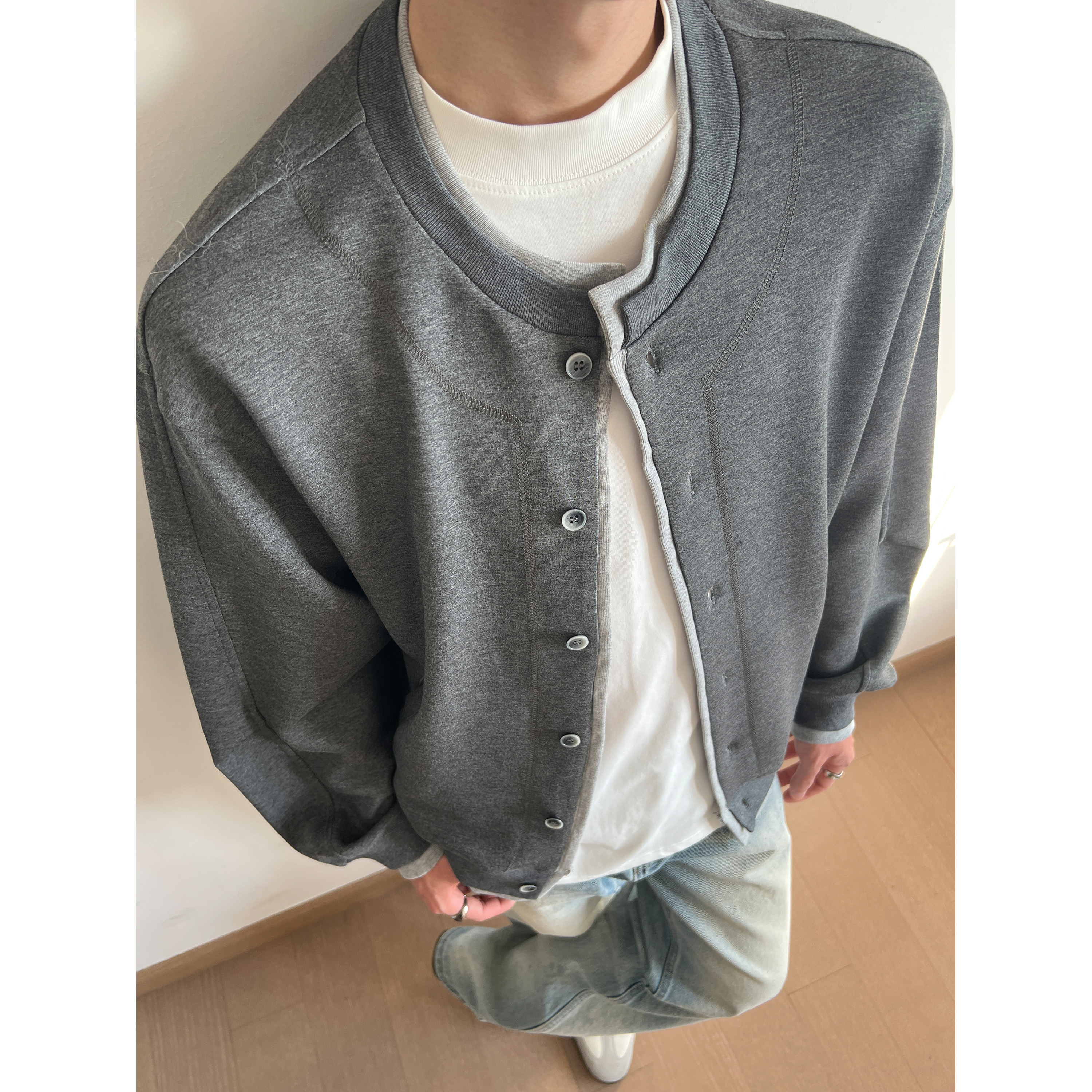 美式复古假两件纽扣开衫毛衣外套