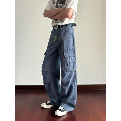 UNLG做旧蓝工装裤男宽松多口袋