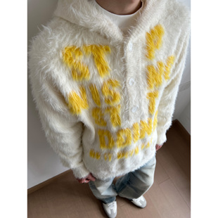 宽松休闲软糯慵懒针织衫 UNLG美式 仿貂毛字母提花连帽毛衣男秋冬季