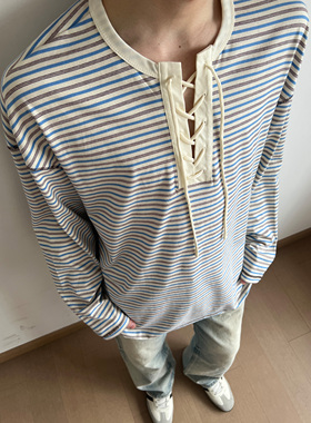 UNLG法式复古绑带条纹长袖t恤男春秋季宽松设计感休闲松弛感上衣