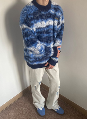 UNLG马海毛条纹毛衣男秋冬季宽松软糯慵懒风休闲氛围感圆领针织衫