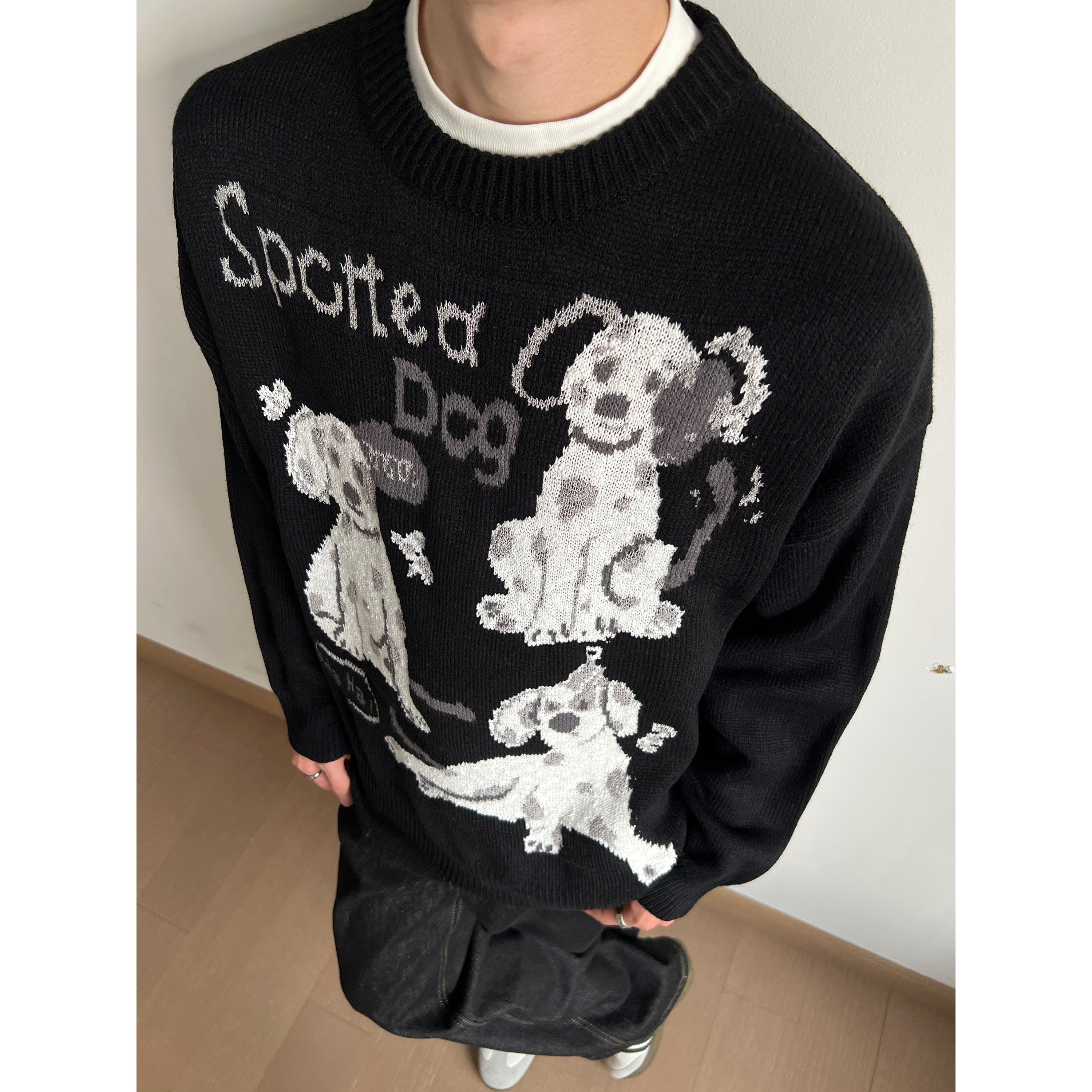 UNLG美式复古提花圆领小狗毛衣男秋冬季宽松休闲慵懒风针织衫上衣