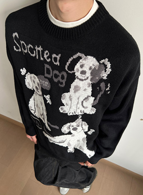 UNLG美式复古提花圆领小狗毛衣男秋冬季宽松休闲慵懒风针织衫上衣