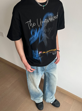 UNLG美式复古虚影女孩短袖t恤男夏季设计感小众宽松休闲圆领上衣