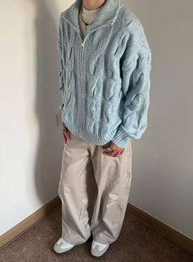 UNLG美式麻花毛衣外套男秋冬季慵懒风宽松休闲简约拉链针织衫开衫
