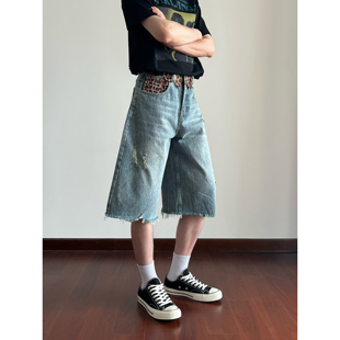 UNLG美式复古拼接豹纹破洞牛仔七分裤男夏季流苏设计感jorts短裤
