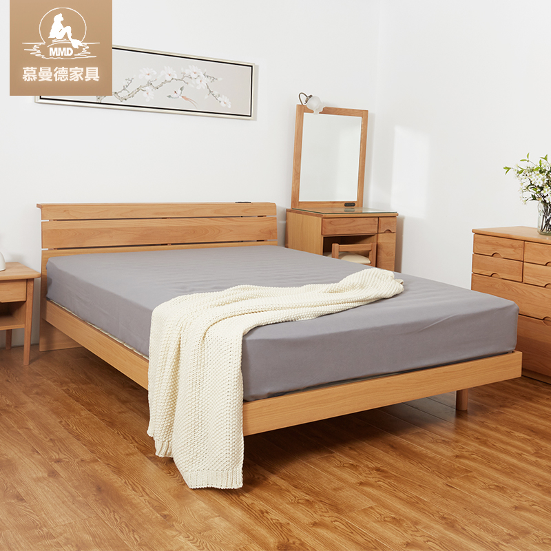 日本白橡木卧室可充电插座双人床