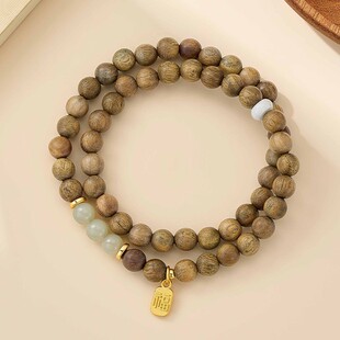 天然绿檀木手串女寿山石念珠单双圈佛珠手持男福牌复古手链价