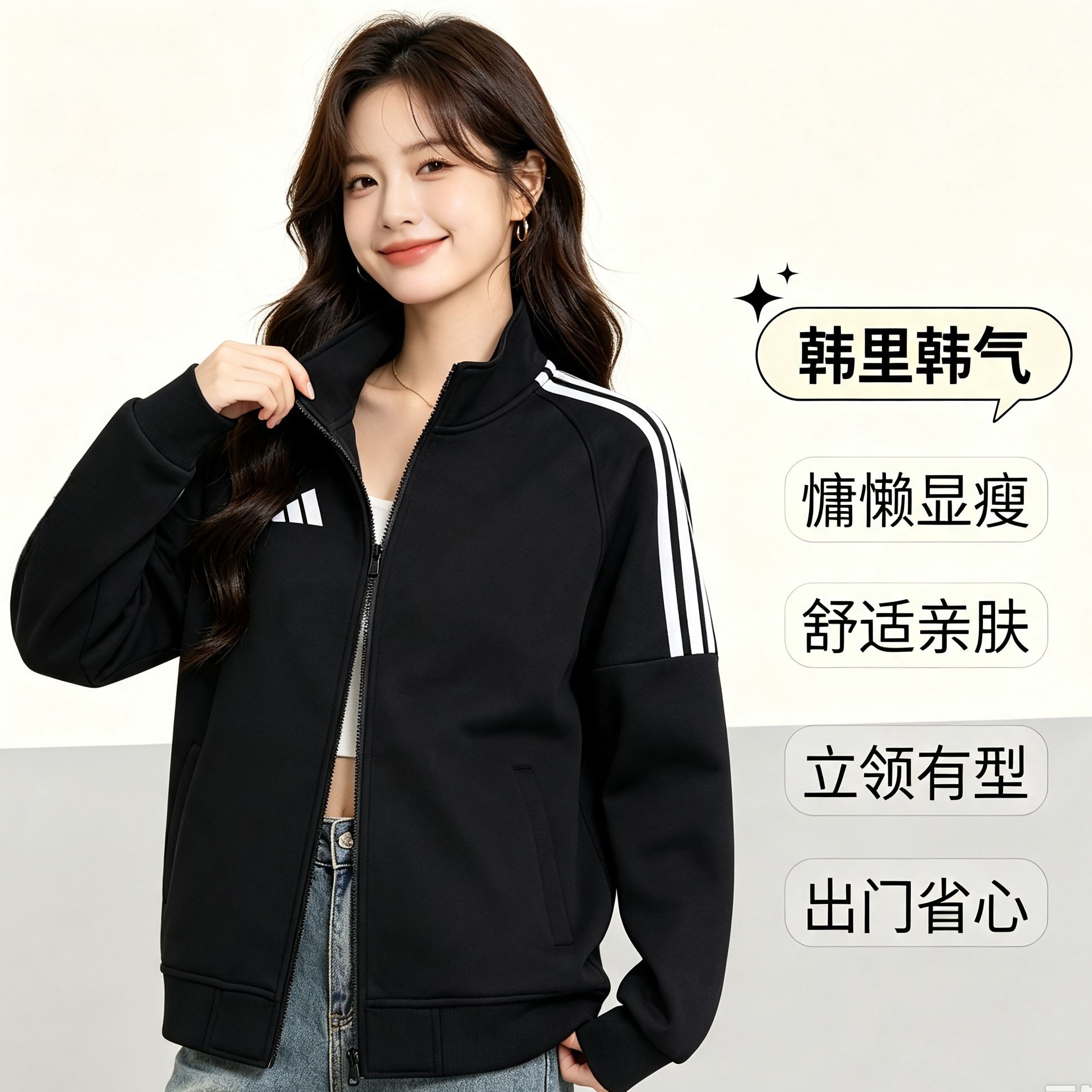 Adidas阿迪达斯女春秋显瘦立领夹克简约休闲运动防风外套百搭外衣