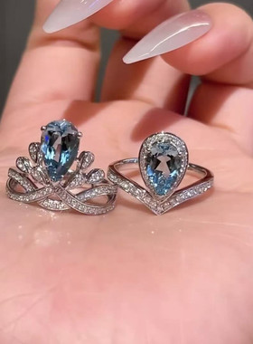 银新品皇冠戒指925银镀白金海宝蓝高碳钻女士水滴冠冕指环闭口