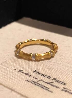 S925纯银爆款节节高升戒指女莫桑石古法重工拉丝工艺点钻竹节指环