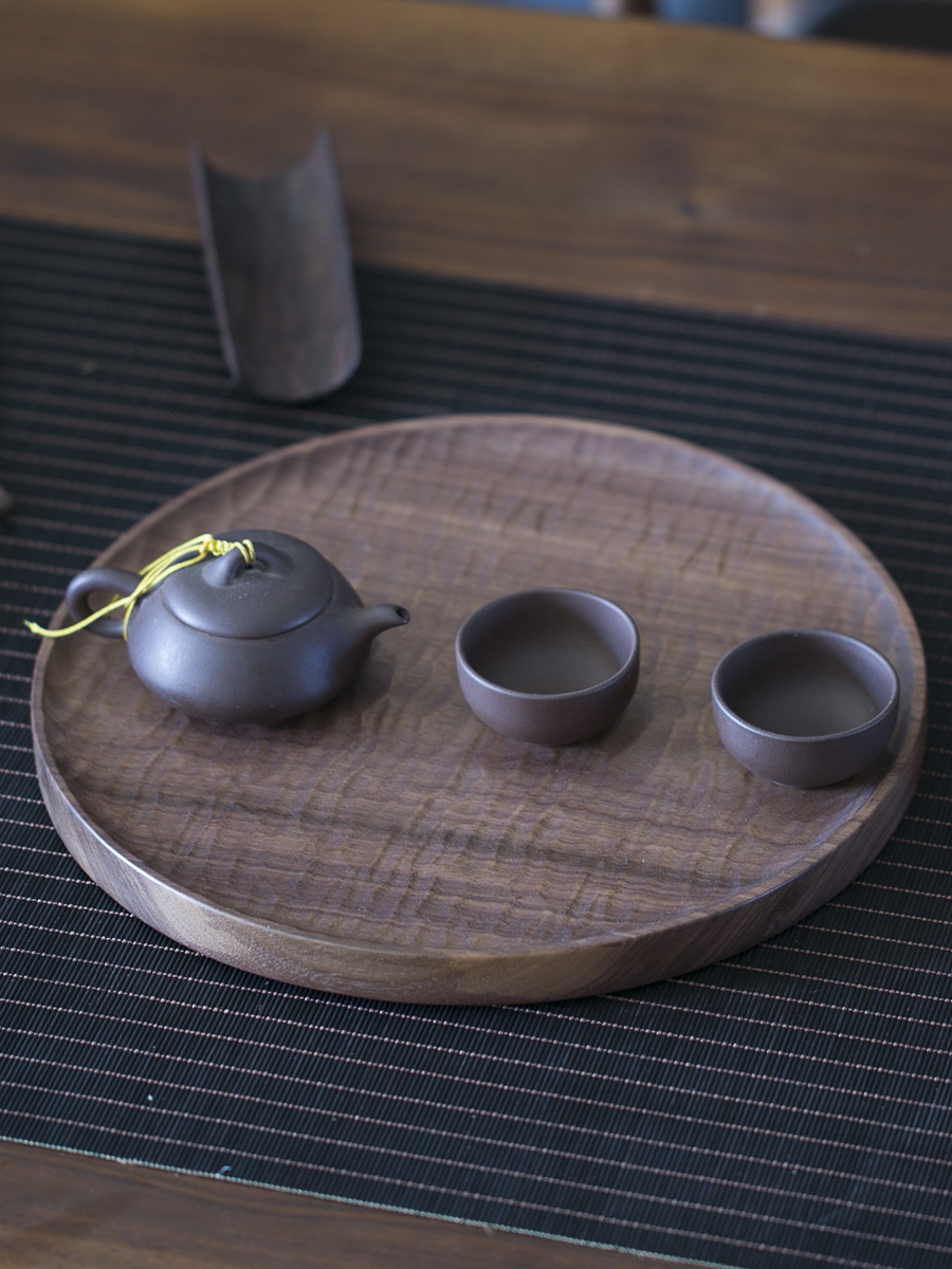 北美黑胡桃原木干泡台家用日式手工圆形整块茶具茶盘小型实木托盘