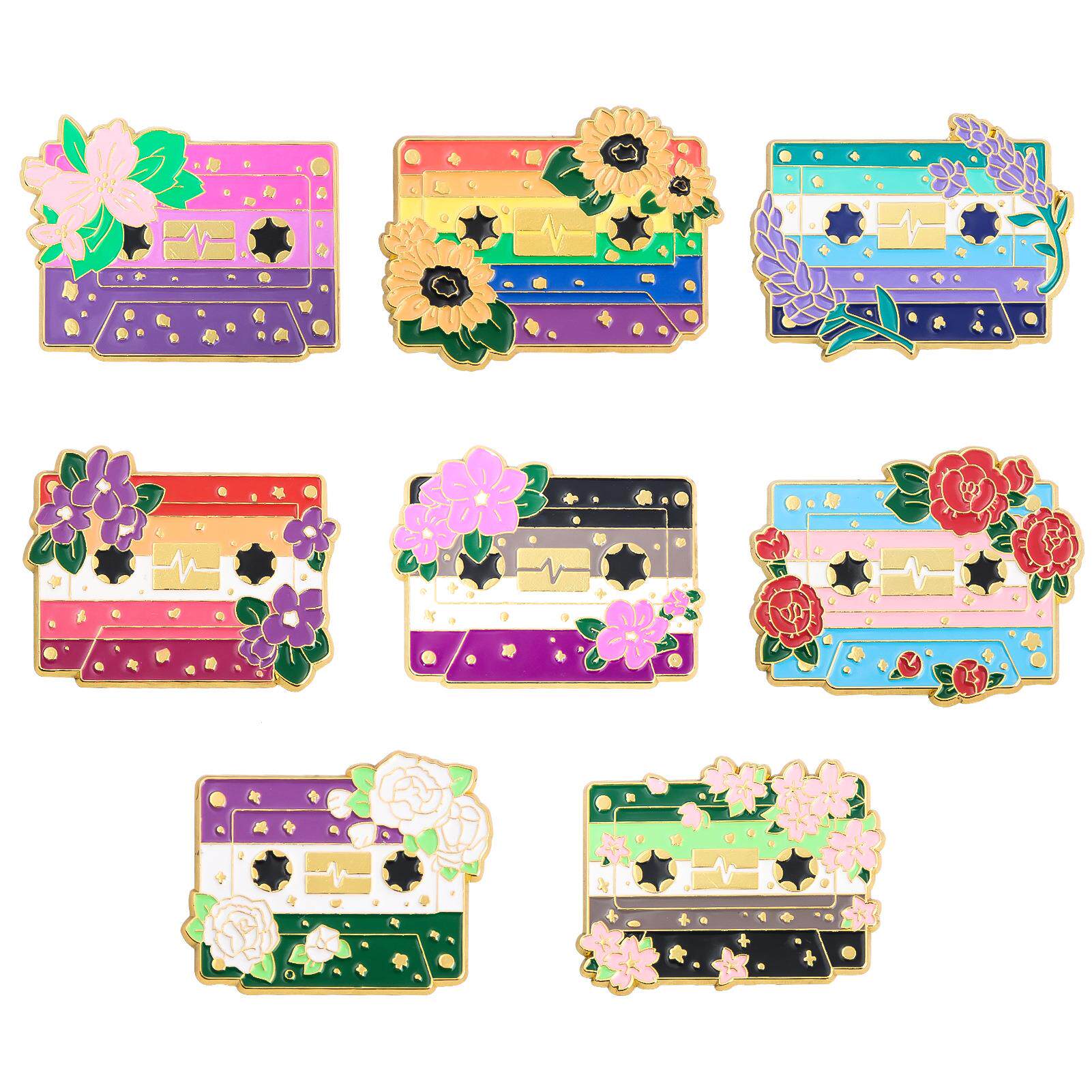 创意卡通彩色磁带花朵艺术胸针花卉磁带金属徽章衣服包装饰品