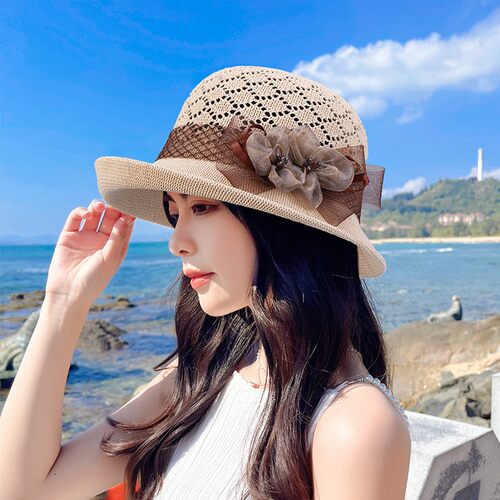 新款夏季女士花朵针织镂空透气前翘小盆帽户外旅游休闲渔夫帽子潮