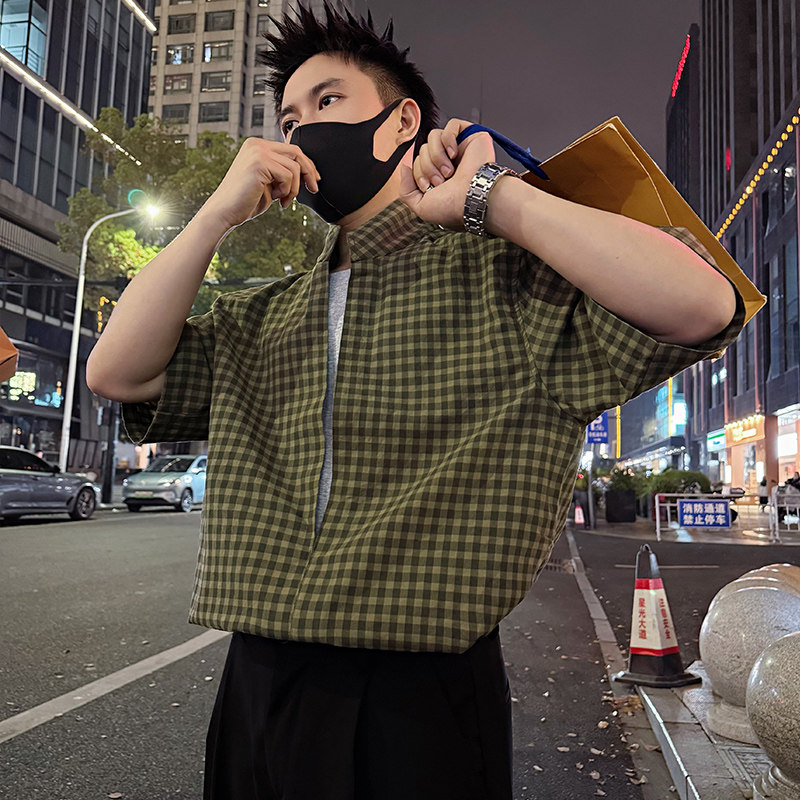 新款个性假两件衬衫男士痞帅格子衬衣夏季流行V领半袖体恤衫上衣t