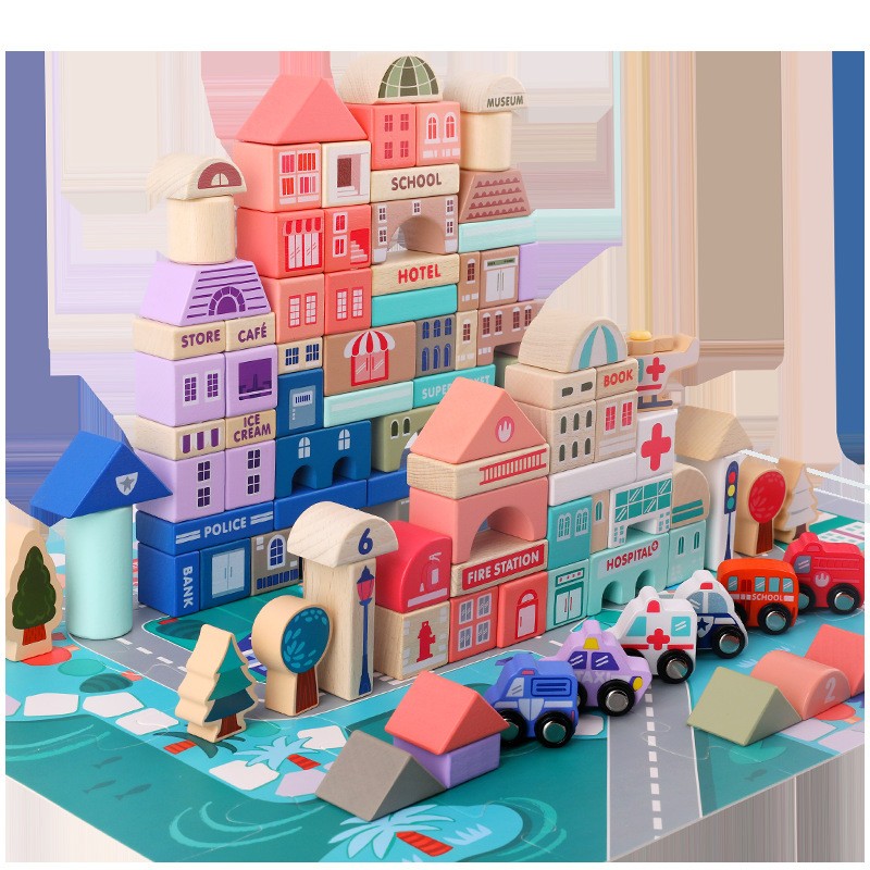 儿童多彩木质制积木115粒马卡龙城市底板大颗粒拼装积木益智cpc4