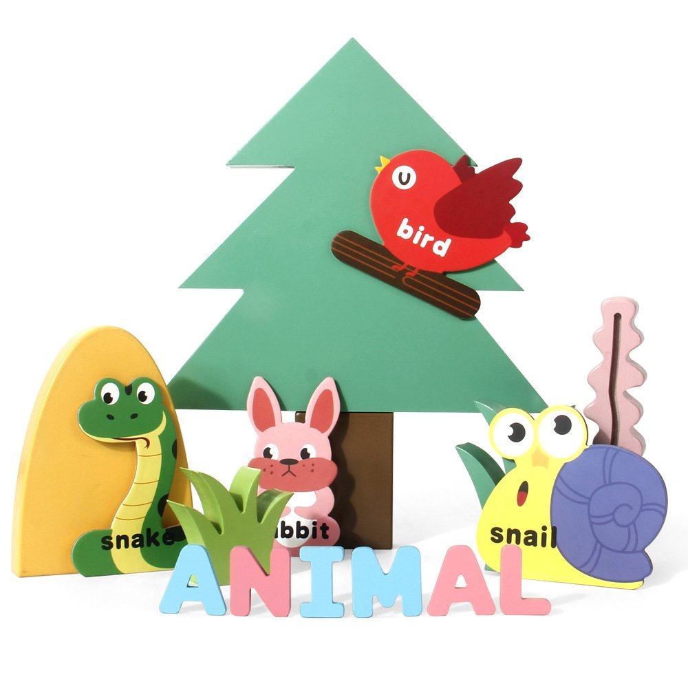 儿童早教卡通动物字母拼单词游戏英文字母认知卡片配对木制玩AW82