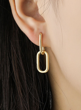 韩国S925纯银小众INS个性几何椭圆形设计感冷淡金属风耳扣耳环女