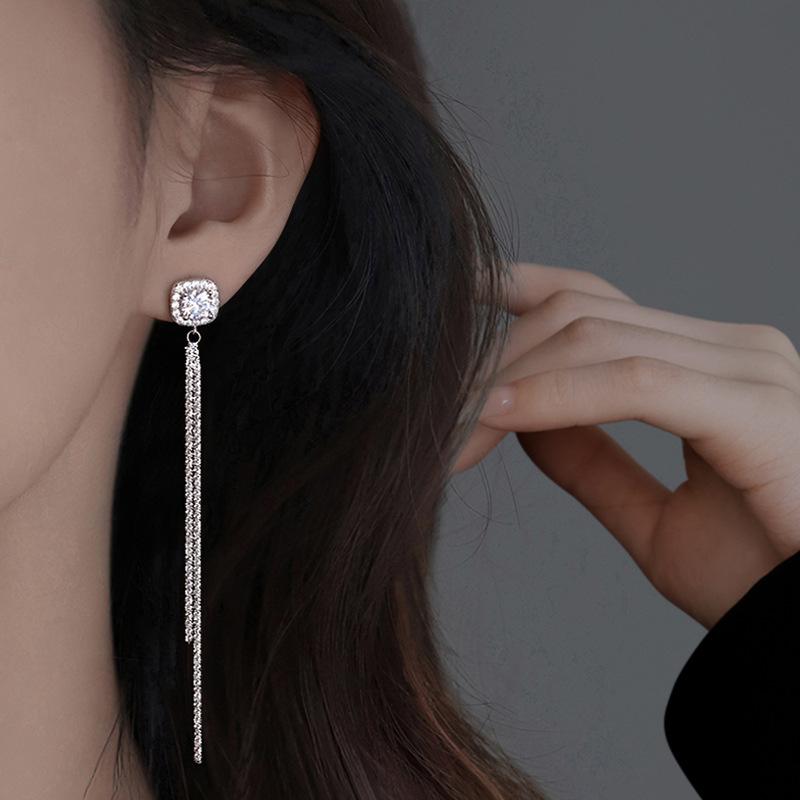 925纯银白钻流苏耳环欧美