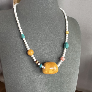 原创设计个性 淡水珍珠配绿松18K金包老玛瑙蜜蜡项链锁骨链颈首饰