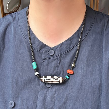 金刚杵四眼天珠南红绿松18K金镶绿幽灵原创设计编绳项链颈首饰品