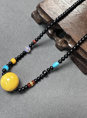 俄料黄蜜蜡天然琥珀墨玉绿松南红18K金镶紫金玉玛瑙项链颈首饰品