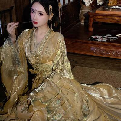 重华汉服战国袍刺绣金色套装