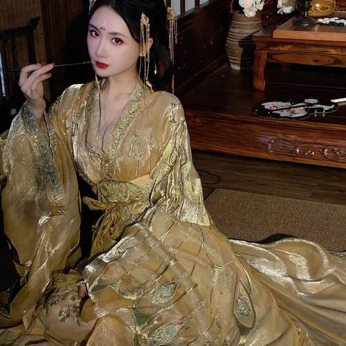 重华汉服战国袍刺绣金色套装