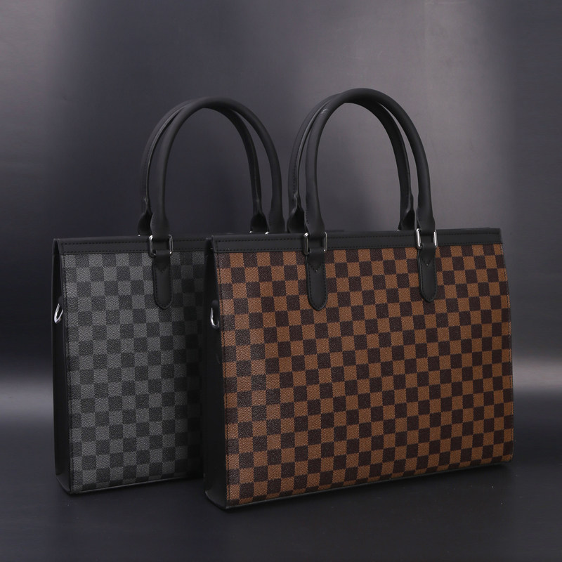 2025新款欧美男士商务大容量手提包男款格子公文包电脑包斜挎包包