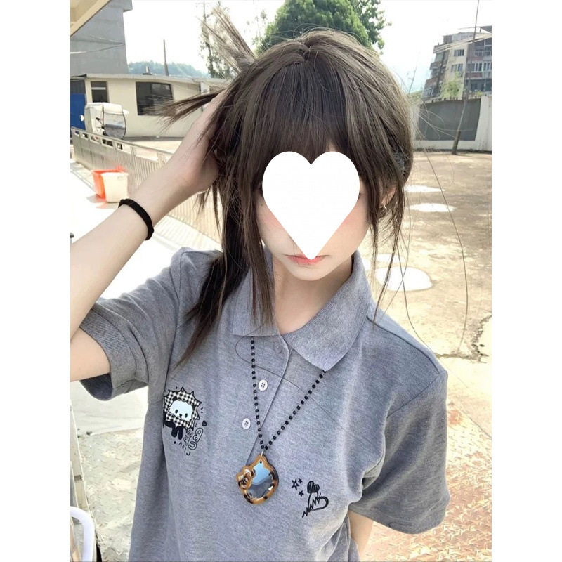 日系复古可爱正肩polo衫短袖t恤女夏季美式学院风设计感小众上衣