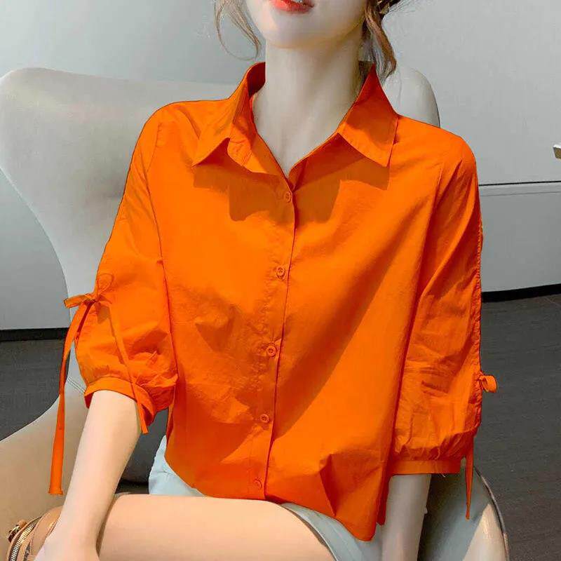 中袖衬衫女夏季时尚洋气新款宽松透气上衣五分灯笼袖衬衣女短袖衫