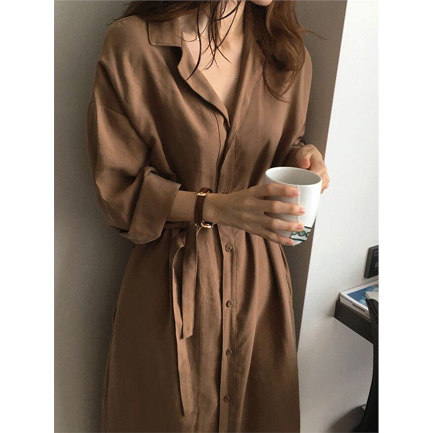 大码2026秋春季冷淡法式收腰显瘦长袖气质衬衫长裙过膝连衣裙子女