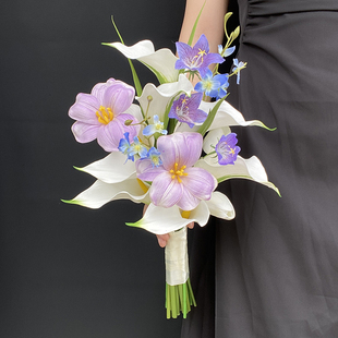 高质感仿真浅紫马蹄莲郁金香手捧花中式注册婚礼登记领证毕业拍照