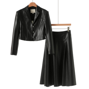 栖 高腰半身裙PU皮质套装 春装 领外套 873 西装 西湖阁老