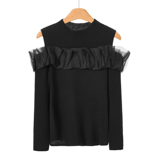 荷叶边拼接露肩纯色针织衫 499 春装 序 331 27%绵羊毛