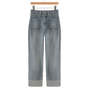 高腰竖口袋九分翻边牛仔裤 春装 923 栖 569西湖阁老