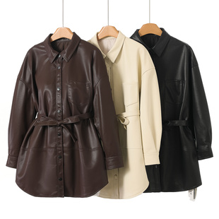 拉春装 韦 翻领单排扣系带男友风皮衣外套476 羊皮革 1999