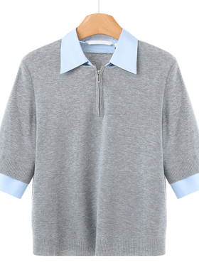 799西湖阁老【文】春装 拼接假两件衬衫领拉链套头针织衫842