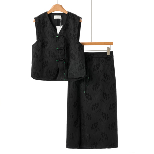 真情 套装 春装 过膝半裙提花新中式 099剪 开叉马甲 38%粘纤