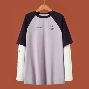 拼接插肩袖 春装 刺绣撞色宽松T恤335 芙 499西湖阁老